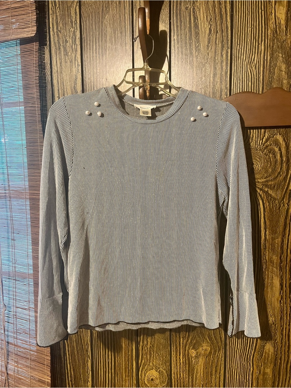 URBAN Romantics Black & White Pinstripe Pearl-Accent Long Sleeve Top